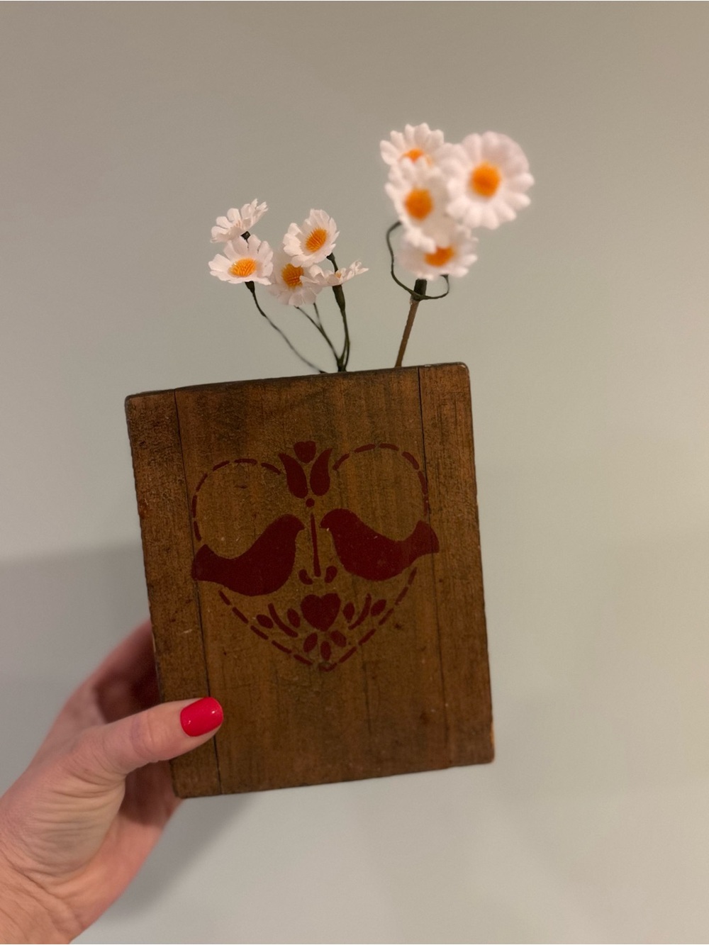 Rustic Wooden Heart Vase with Red Bird Motif - Brown